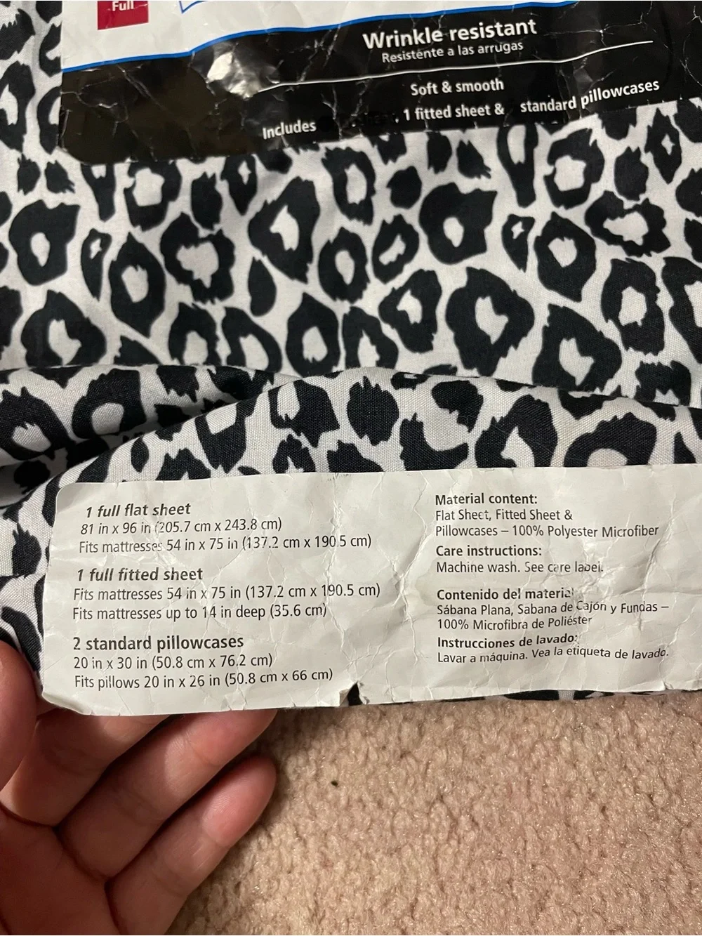 Mainstays Black and White Leopard fitted sheet & pillowcase ( new)